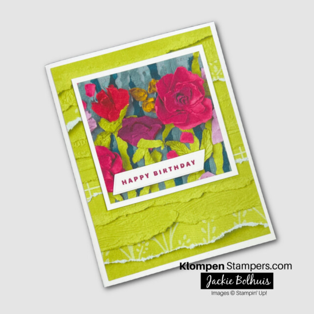 Simple happy birthday card created by using Designer Series Paper and a small "happy birthday" stamp.