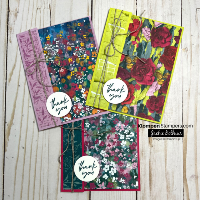 3 thank you cards made following a template for an easy card layout using designer series paper.