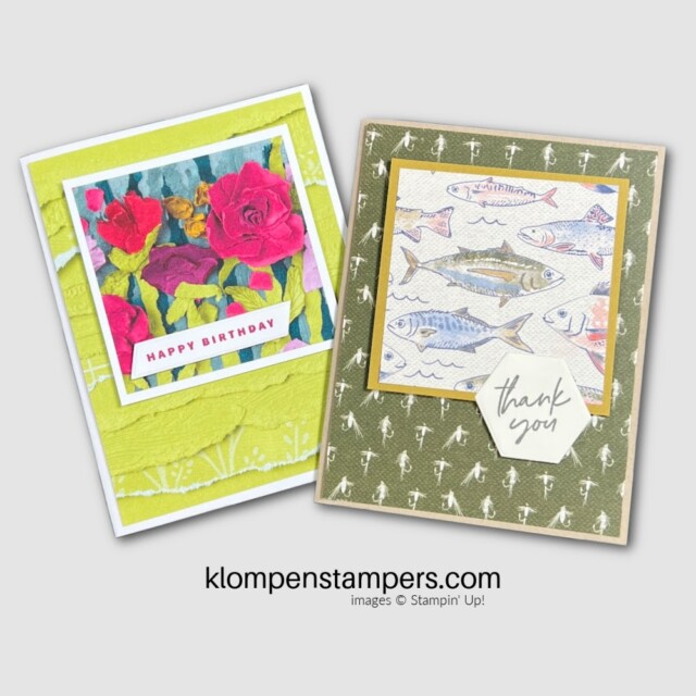 2 handmade cards.  One is a birthday card, the other a thank you card.  they are showing a simple card layout for beginners using patterned papers.