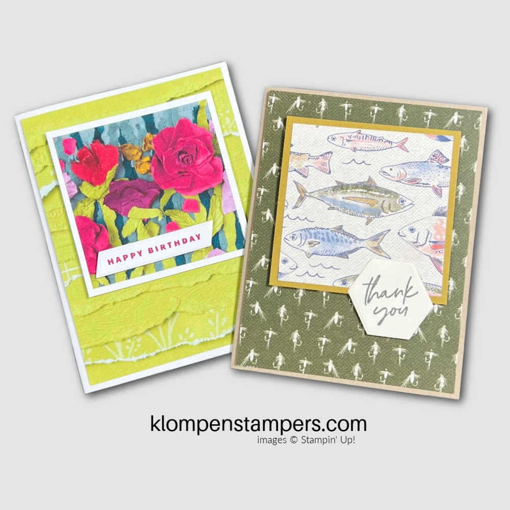 2 handmade cards. One is a birthday card, the other a thank you card. they are showing an easy card layout for beginner card makers using any papers