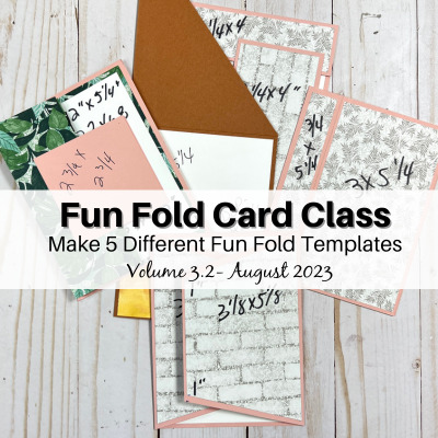 Picture of 5 fun fold card templates. These templates are a part of the fun fold card class volume 3.2, where jackie from klompen stampers teaches how to make fun fold card templates and then use the templates to create beautiful cards.