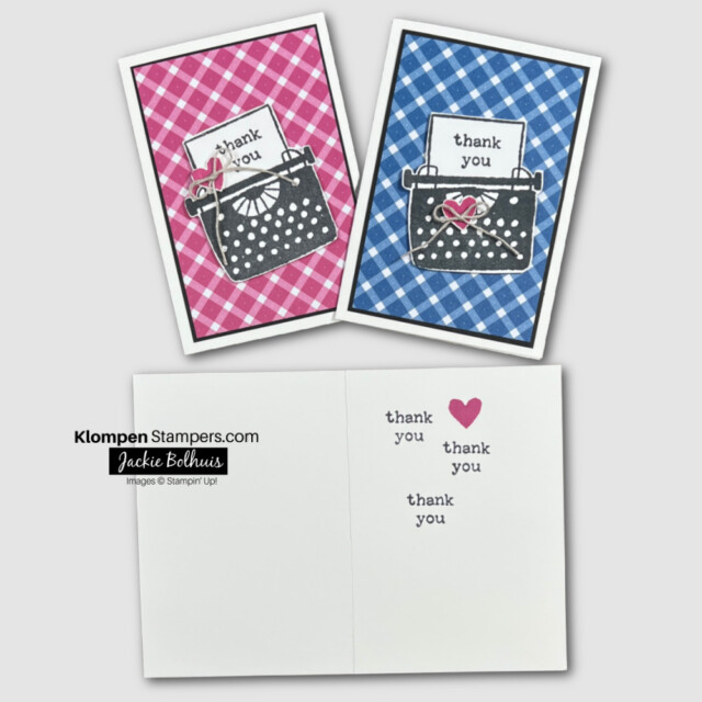 Two thank you cards that are designed the same way using the stamp set Just My Type, but one card has pink background paper and the other card has blue background paper.