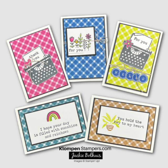 5 note cards made using the stamp set called Just My type from Stampin' Up!