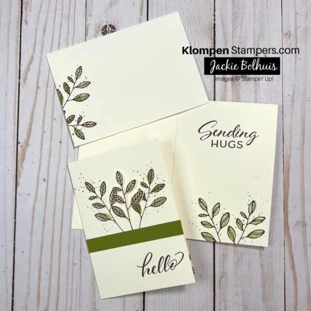 handmade note card stamped with the layering leaves stamp set and the sentiment "hello" on it