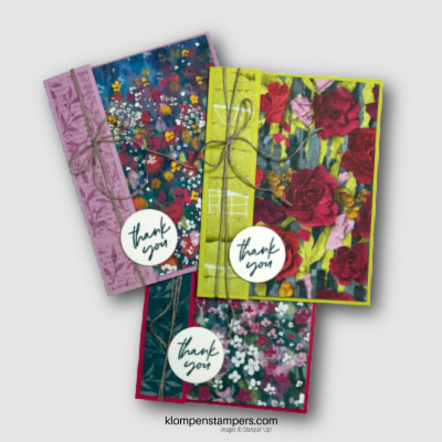 3 cards made using Designer Series Paper with the sentiment THANK YOU on them