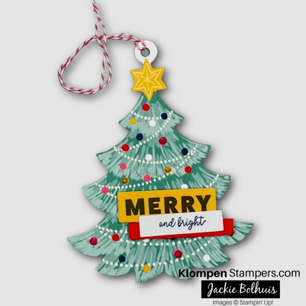 Oversized christmas tree gift tag made with the stampin' up! craft kit Love, Santa Tag Kit.