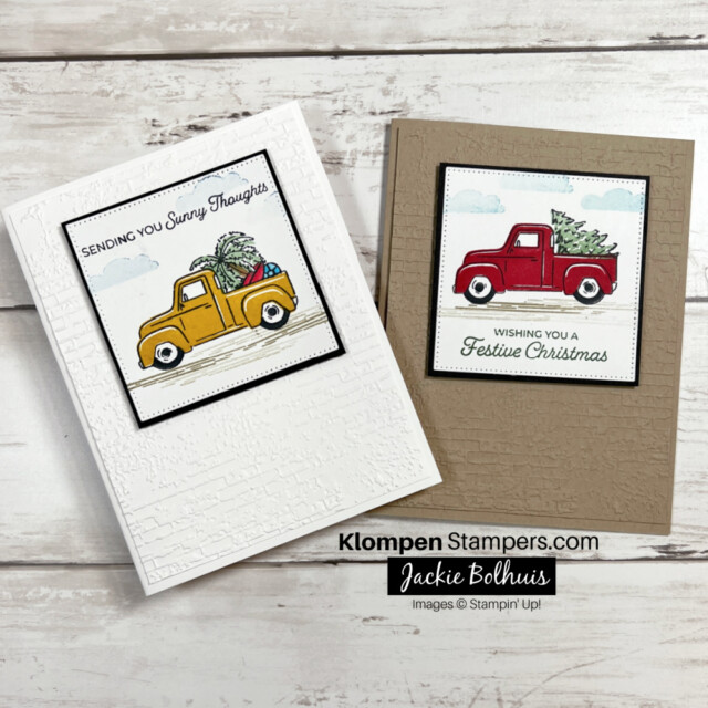 Two handmade greeting cards designed with the stampin' up! stamp set Trucking Along.