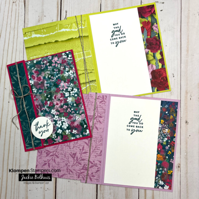 Three thank you cards that were designed by following an easy card layout for designer series paper. One card is closed to see the front of the card and the other two cards are open to see how the inside of the cards are designed.