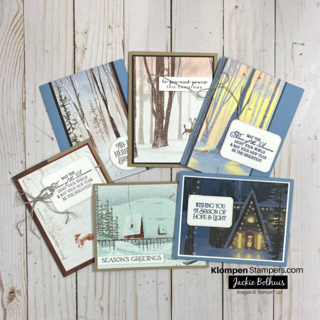 A set of cards with a winter scene on them. These are 6 quick Christmas Cards made using the One Horse Open Sleigh Designer Series Paper.