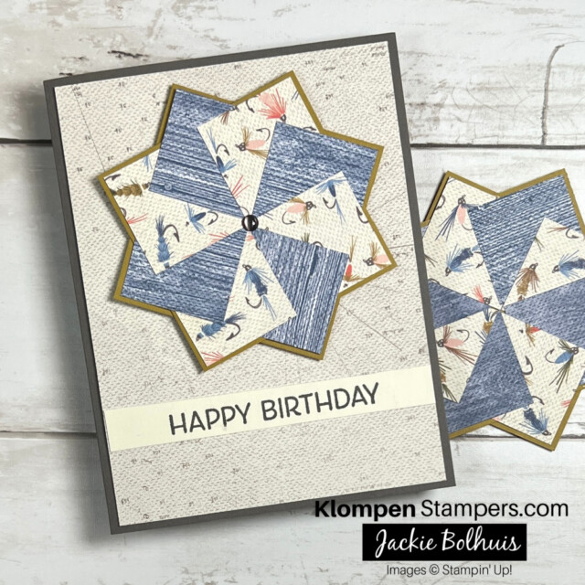 pinwheel card with the greeting Happy Birthday on it. Card is made using Stampin' Up! Designer Series Paper Let's Go Fishing.