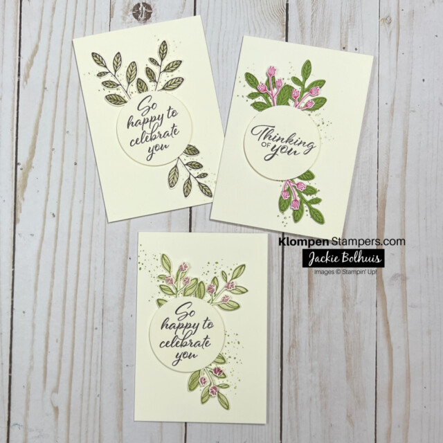 3 cards made using the Layer Leaves stamp set from Stampin' Up! and a circle punch