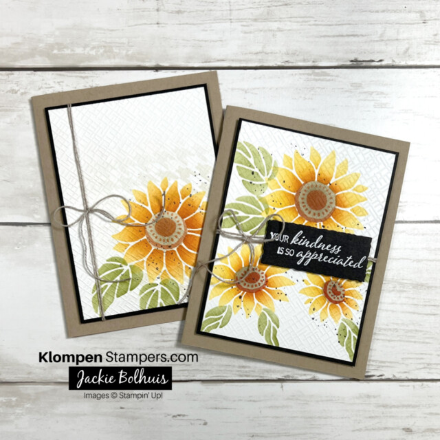 learn how to do card making with stencils in this blog post.  Photo shows two cards that were made with sunflower stencils from the fall Stampin' Up! mini catalog