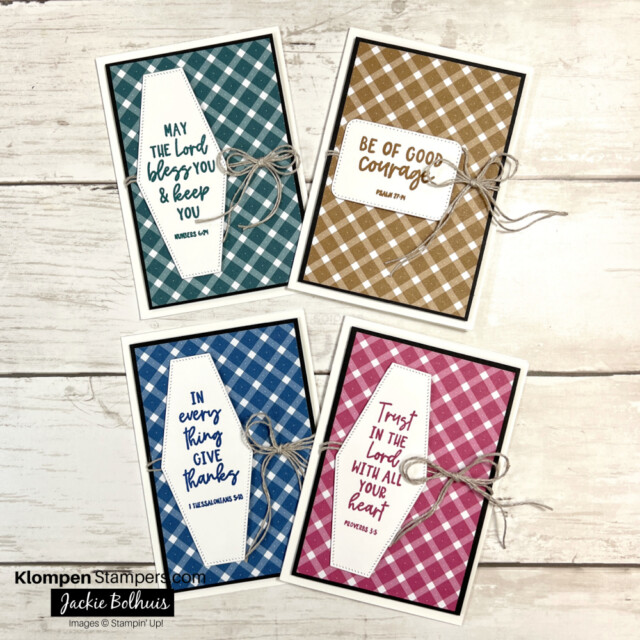 4 handmade notecards that include a bible verse on each to send as an encouragement card. All card are made by following the first of two of my simple card layouts.