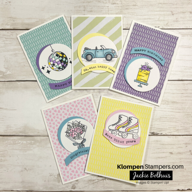 5 cards showing 1 of 2 card layouts for notecards using the curved occasions stamp set from Stampin' Up!