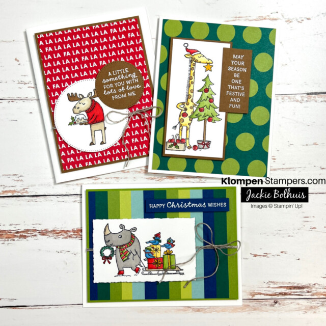 Three holiday cards designed with the Stampin' Up! Festive & Fun stamp set. Cards are designed with fun animal characters doing Christmas time activities.