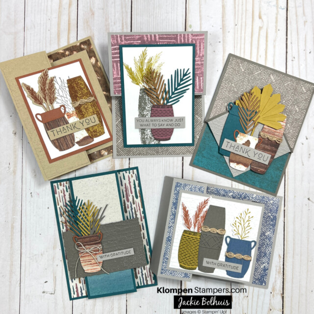 5 Different Fun Fold cards that are made in a free card making class with Dave and Jackie from Klompen Stampers