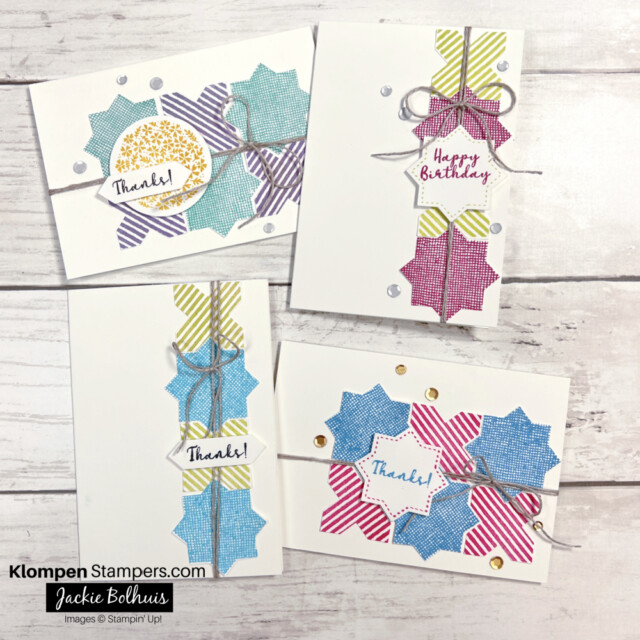 four handmade notecards creating using the Stampin' Up! stamp set called Medley Mix and showing how to use punches for card making