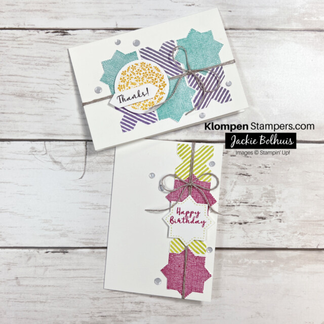Two cards that are created using the stamp set Medley Mix and the Inked & Tiled Punches for card making.