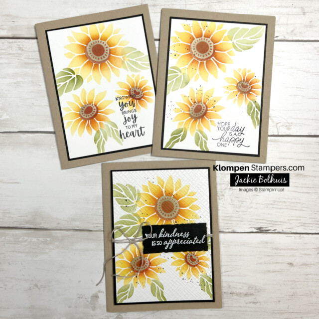 3 different sunflower themed cards made using Stampin' Up! stencils