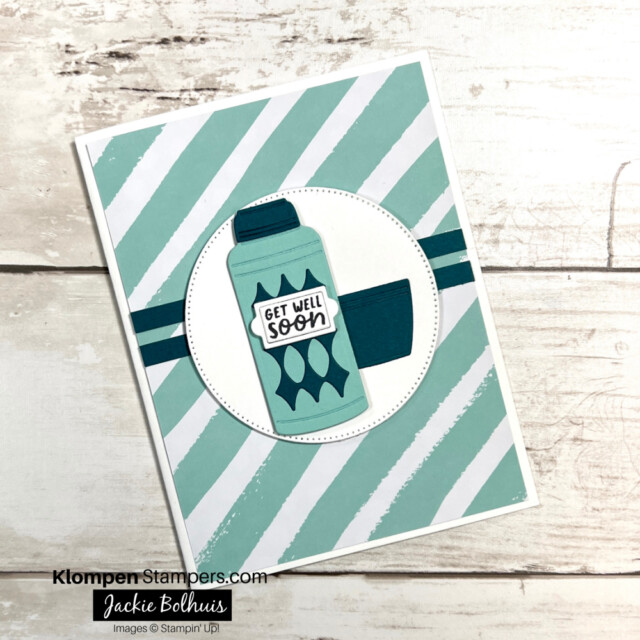 Handmade get well soon card designed with a thermos bottle and lid for a bowl of soup.
