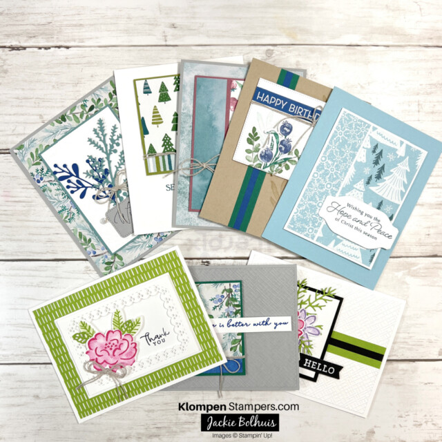 8 handmade greeting cards. All cards are designed from card making templates, so they have the same layouts. But the cards are all designed using different products for different occasions.