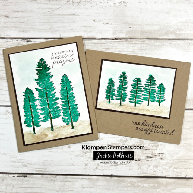 Two handmade cards designed with the Stampin' Up! stamp set Forever Fern using an easy water coloring technique to give the trees a unique blended look.