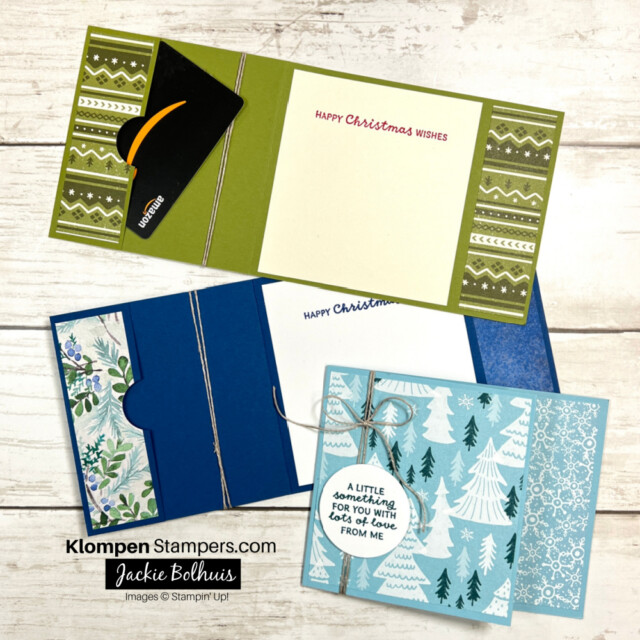 DIY gift card holder made using three different patterned papers.