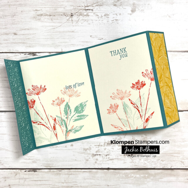 The inside of a fun fold card that is designed with the Stampin' Up! stamp set inked and tiled.