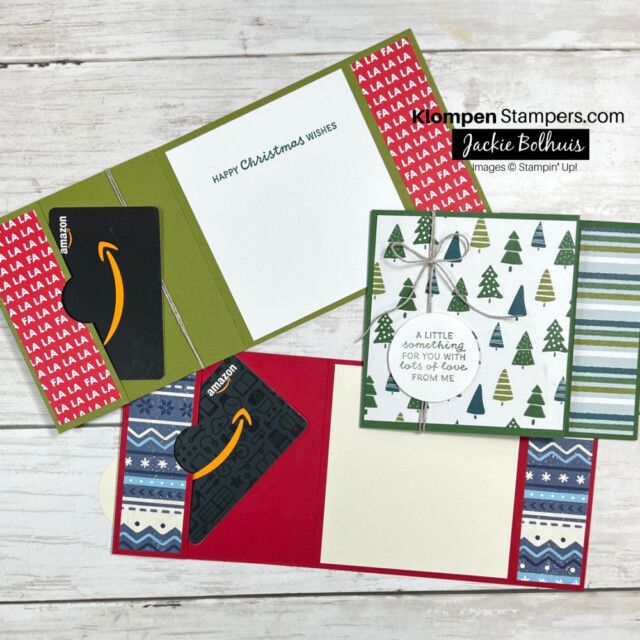 DIY gift card holder made using three different patterned papers.