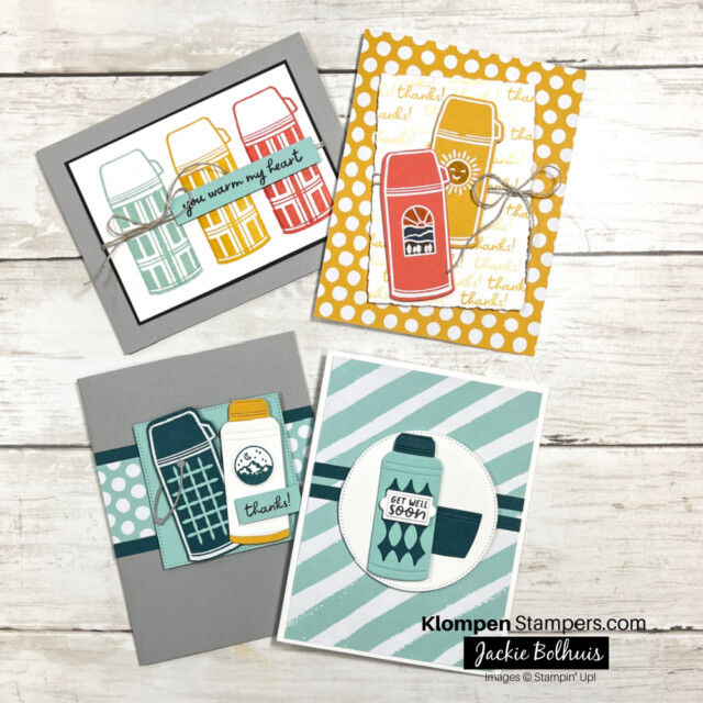 Four trendy handmade cards designed with the Stampin' Up! bundle Warmest Heart.