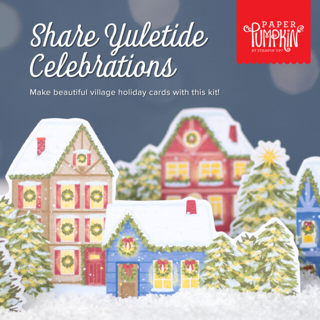 Promo graphic for the October 2023 Paper Pumpkin. Graphic shows a homes decorated for the holidays with snow covered roofs.