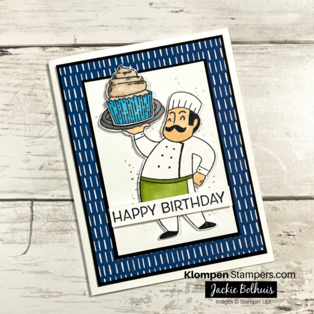 Handmade birthday card that has a chef holding a cupcake on a platter. Card was designed using the Stampin' Up! stamp sets Supremely Awesome and Circle Sayings.