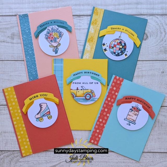 Five cards designed by Klompen Stampers team members Juli Baca, created with curved occasions stamp set.
