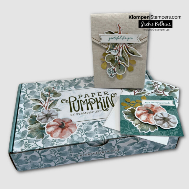 The September 2023 Paper Pumpkin box with the card the box makes lying on top.