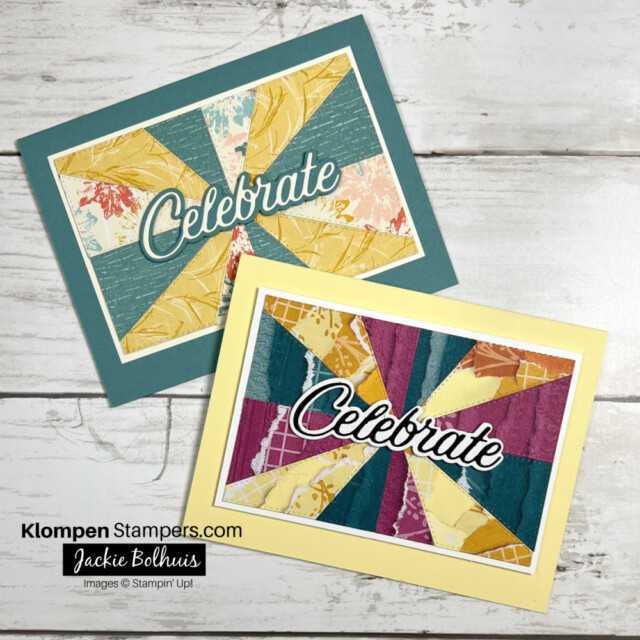 Two handmade cards that are designed the same but use different colored papers. Card are made with the Stampin' Up! Patchwork Pieces and Wanted to Say layer die cuts.