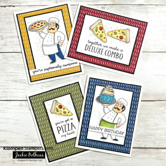 Four simple and exciting card making projects that are designed with the Stamin' Up! stamp set Supremely Awesome. All cards are a simple layout and have exciting pizza images.
