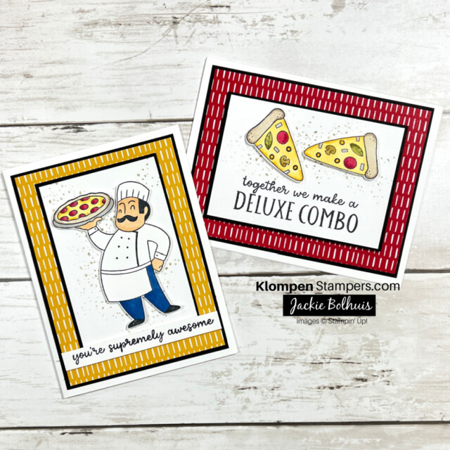 Simple and exciting card making projects designed with the Stampin' Up! stamp set Supremely Awesome. Handmade card designed with pizza images.