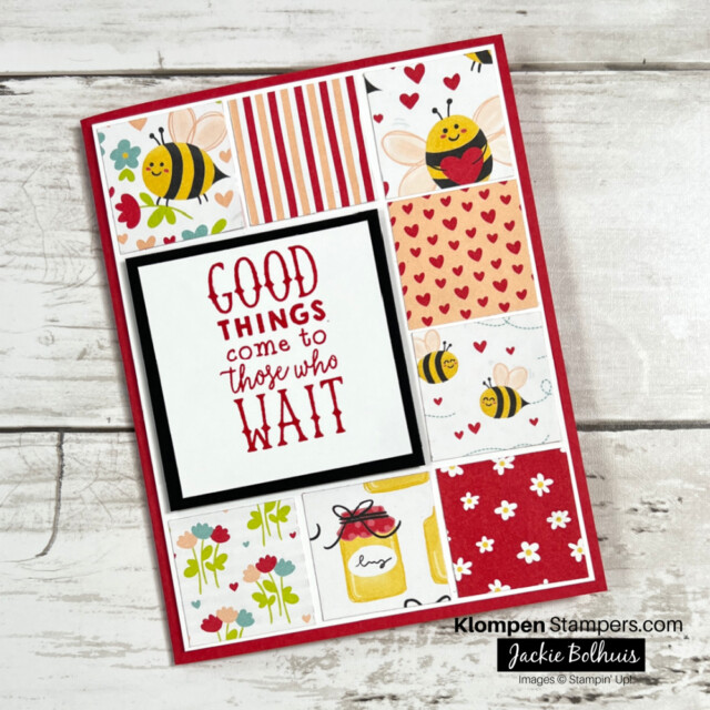 A handmade greeting card made with the Stampin' Up! Bee Mine Designer Series Paper. This is an easy patchwork card layout using paper scraps.