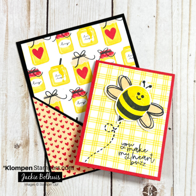 Pocket card design showing the cute small card on top of the pocket base. The card is designed with the Stampin' Up! bundle Bee My Valentine.