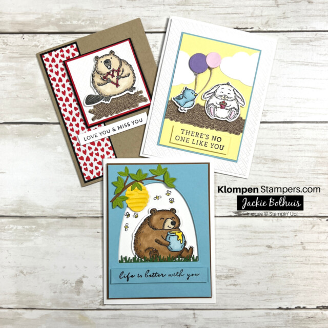 three handmade cards made with the stamp set Fluffiest Friends, a new stampin' up! online exclusives product