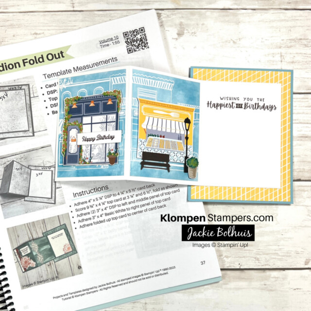 Accordion fold out fun fold card designed with the Stampin' Up! Let's Go Shopping bundle, lying on top of the fun fold templates book that gave the template measurements to make the card. Fun Fold book page includes all the cutting and scoring measurements to make the card.