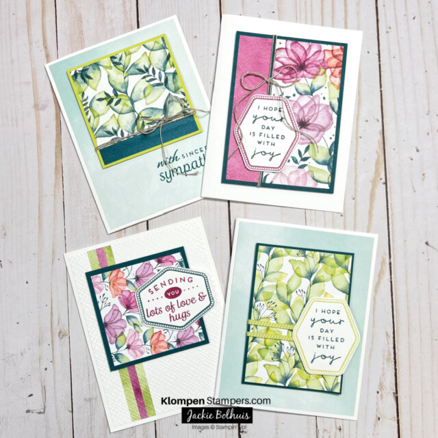 4 cards designed by following card making templates and created using the stamp set heartfelt hexagon with delightful floral designer series paper.
