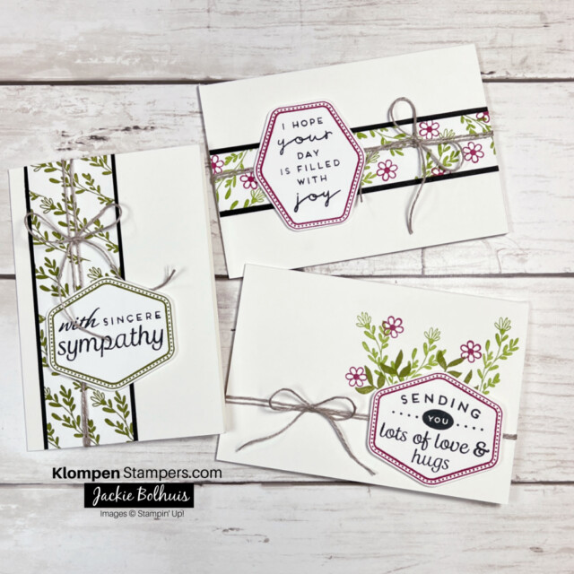 Three handmade cards designed with Heartfelt Hexagon Bundle.