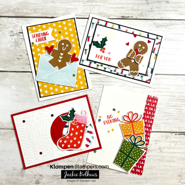 Four handmade holiday cards designed with the Stampin' Up! stamp set Sending Cheer. Cards are decorated with festive colors and ginger bread, stockings, and presents.