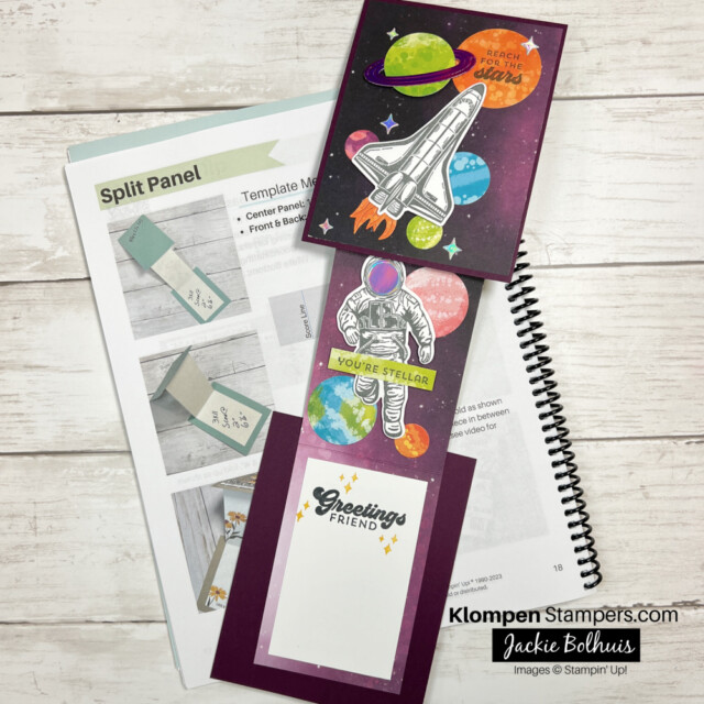 Open fun fold card designed with Stampin' Up! Stargazing Designer Series Paper and Reach for the Stars Bundle. The card is also lying on top of a fun fold card template making book that is open to the split panel fun fold page.