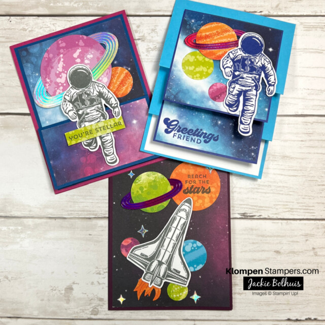 The fronts of three fun fold cards that have been designed using the stamp set Reach For The Stars and the Stargazing Designer Series Paper.