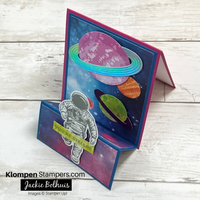 Side view of a fun fold card designed with Stampin' Up! Stargazing Designer Series Paper and Reach for the Stars Bundle. 