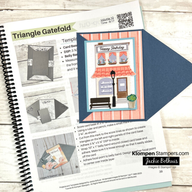 The fun fold templates book is open to a page to make a triangle gatefold fun fold card, with a triangle gatefold card created using the stampin' up! let's go shopping bundle. Fun Fold book page includes all the cutting and scoring measurements to make the card.