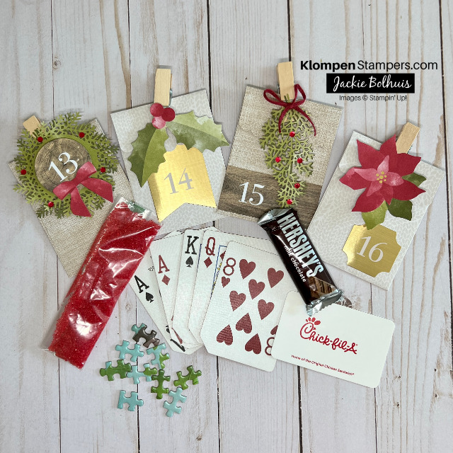 The 4 different envelops sleeves of the stampin' up! rustic christmas countdown kit, a paper advent calendar.