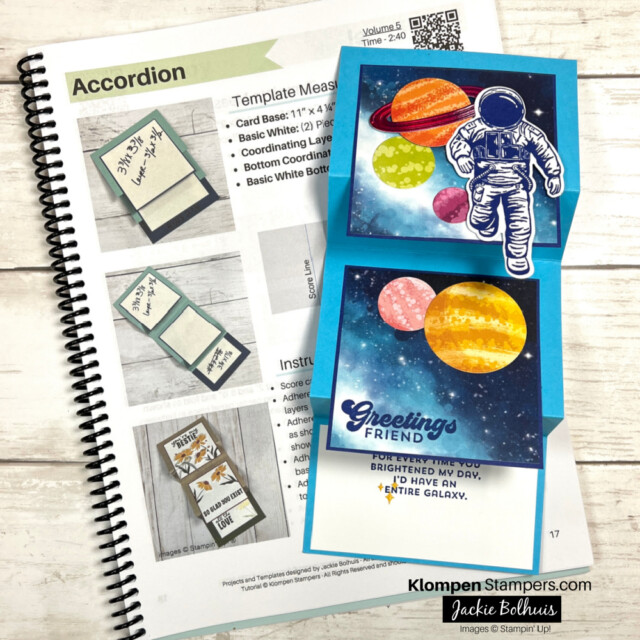 Open fun fold card designed with Stampin' Up! Stargazing Designer Series Paper and Reach for the Stars Bundle. The card is also lying on top of a fun fold card template making book that is open to the accordion fun fold page.